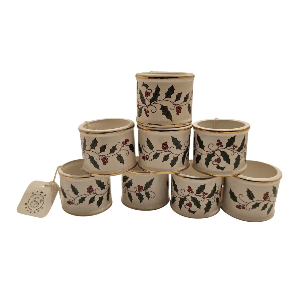Kemp & Beatley Ceramic Napkin Rings Set of 8 Holly Berry Gold Trim‎ Christmas